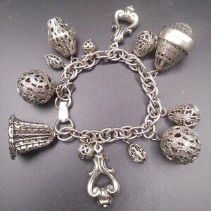 Vintage Etruscan Filigree Silver tone metal Charm 7 1/2'' Bracelet
